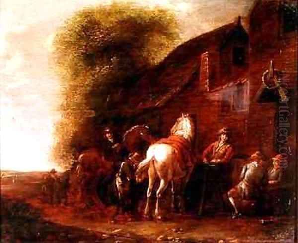 Horsemen outside a village inn - view 1