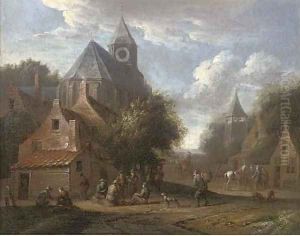 A village with boors smoking outside a church