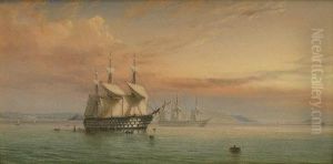Estuary Scene Men Of War At Anchor