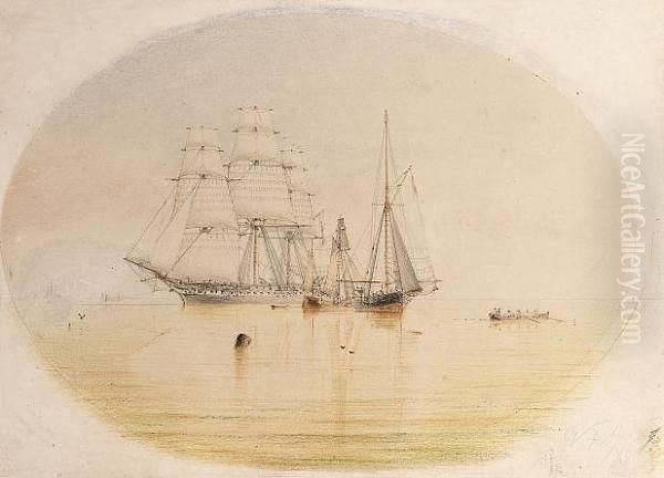 Warships And Peaceful Traders Lying Offshore In A Calm - view 1