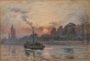 Steam Barge On Thethames At Dusk by Arthur Severn