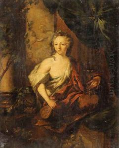 A Woman, en deshabill, holding a Carafe and a Goblet, sitting on a partially draped Balcony