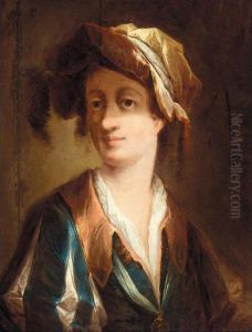 Portrait Of A Gentleman, Half 
Length, Wearing A Blue Jacket With Slashed Sleeves And A Pink Collar, 
And An Elaborate Feathered Hat