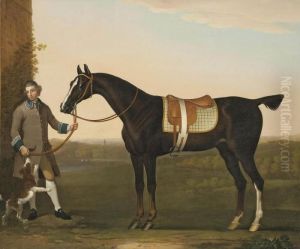 A Hunter Held By A Groom With A Dog, In A Wooded Landscape by James Seymour
