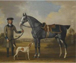 A Grey Hunter Held By A Groom With A Hound In A Landscape by James Seymour