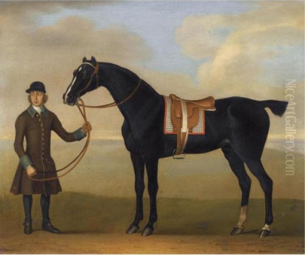 The Black Racehorse Molotto Held By A Groom - view 1