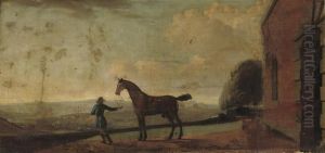 A Groom With A Bay Racehorse, By A Stable, A Landscape Beyond by James Seymour