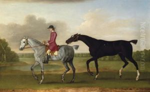 A Liver Chesnut Racehorse Led By A Mounted Groom In A Woodedlandscape by James Seymour