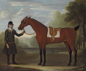 A Groom Holding A Saddled Bay Hunter In A Park, A Country Housebeyond by James Seymour