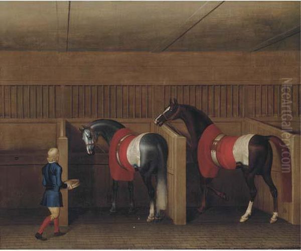 Two Racehorses With A Groom In A Stable - view 1