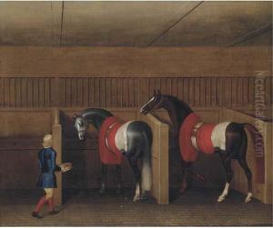 Two Racehorses With A Groom In A Stable