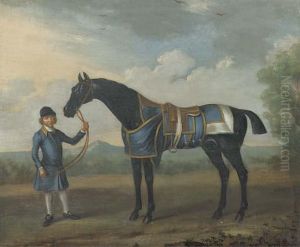 A Black Bay Race Horse And A Groom In A Landscape At The Boltonraces by James Seymour