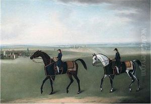Two Racehorses And Their Jockeys Exercising On Newmarket Heath