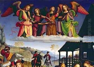 The Adoration of the Magi detail of angel musicians