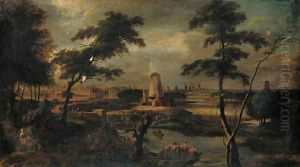 A distant view of Amsterdam with peasants in a ferry in the foreground by Gerard Edema