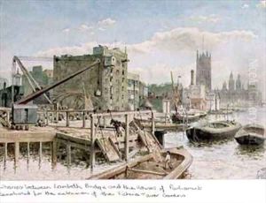Riverside View of the Wharves between Lambeth Bridge and the Houses of Parliament by John Phillipp Emslie