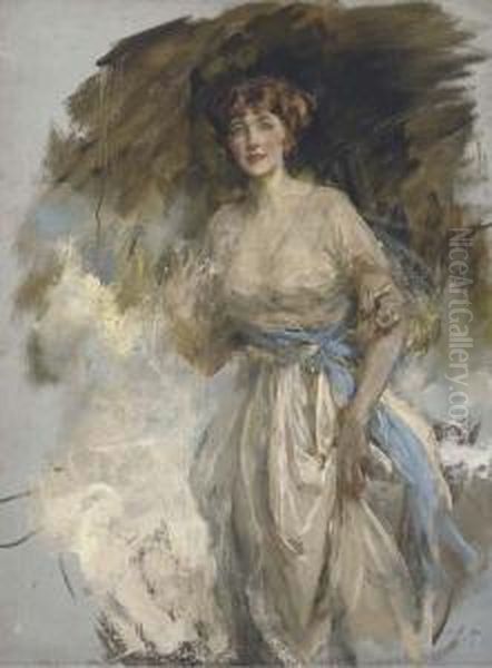 Portrait Of Lady Grace Dance, 
Three-quarter-length, In A Whitedress With Blue Waistband, A Sketch - view 1