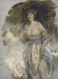 Portrait Of Lady Grace Dance,
Three-quarter-length, In A Whitedress With Blue Waistband, A Sketch by James Jebusa Shannon