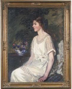 Portrait Of Pierre Collins, 
Seated, Three-quarter-length, In Awhite Dress, By A Bowl Of Flowers by James Jebusa Shannon