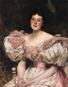 Portrait Of A Lady In A Pink And White Dress by James Jebusa Shannon