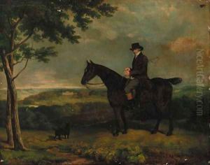 A gentleman on a hunter, with a terrier, Harewood House beyond