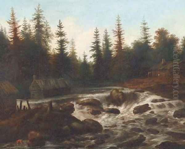 An extensive wooded river landscape with travellers by a cottage - view 1