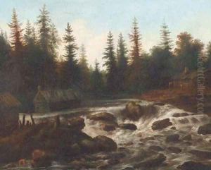 An extensive wooded river landscape with travellers by a cottage by Allart Van Everdingen