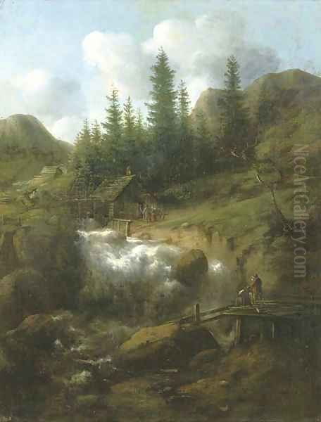 A rocky Nordic landscape with a waterfall and wooden barns, two figures on a bridge in the foreground - view 1