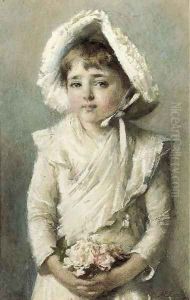 Portrait of a young girl with a bonnet holding a small bouquet