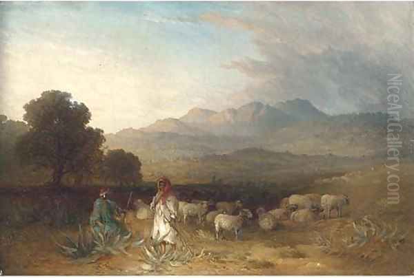 Arab figures with a flock of sheep in a landscape - view 1