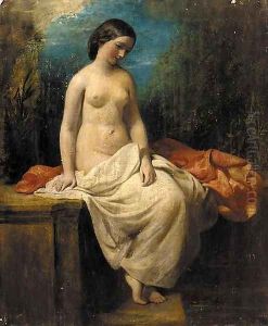 Study of a female nude, seated in a landscape