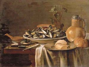 Mussels in a porcelain bowl by Jacob Fopsen van Es