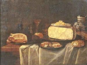 Cheese on a pewter plate and butter on a Wan-Li 'kraak' porselein dish by Jacob Fopsen van Es