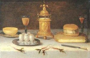 Eggs and a bowl on pewter plates with facon-de-Venise wineglasses by Jacob Fopsen van Es