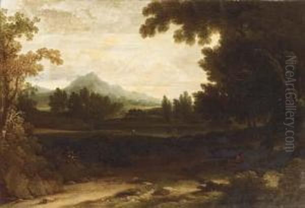 An Extensive Mountainous Landscape With A Figure Resting By Atree - view 1