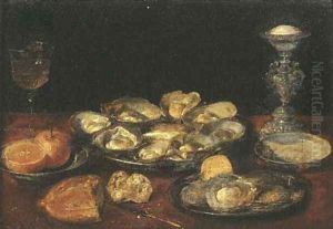 Oysters, a lemon and oranges on pewter plates with a facon-de Venise wineglass by Jacob Fopsen van Es
