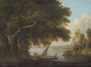 An Italianate Lake Landscape With Figures And Boats An Italianate Lake Landscape With Figures And Boats