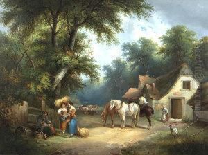 Drovers Approaching A Tavern With Figures In Conversation by Charles Waller Shayer