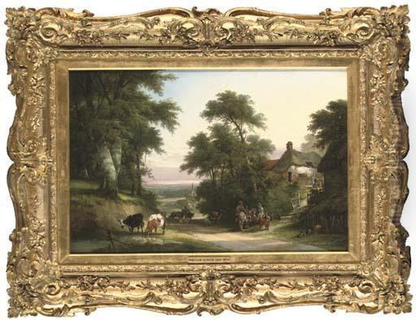 Figures And Cattle By A Wooded Lane, A Village Beyond - view 1