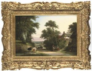 Figures And Cattle By A Wooded Lane, A Village Beyond