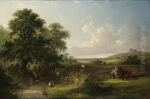 A Wooded Landscape With Horses And Figures