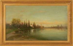 River Scene With Houses. by Christopher H. Shearer