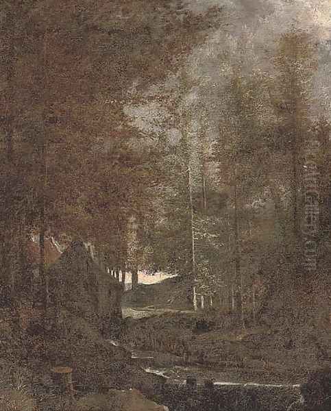 A wooded landscape with a mill by a river - view 1