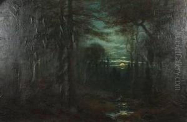 "moonlight Near Tuckerton", 
Nocturnal Landscape, Oil On Canvas Mounted To Masonite, 36" X 54", Slr 
"c.h. Shearer 1911". Artist: American, 1840-1926. Shipping: Cfq - view 1