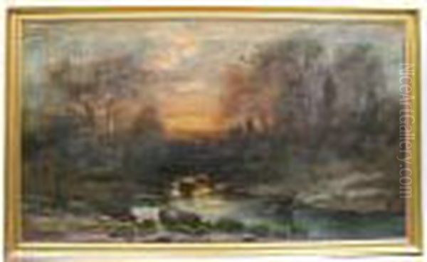 A Wooded Landscape At Sunset With A Stream In The Foreground - view 1