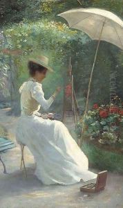 A young lady painting in the garden A young lady painting in the garden