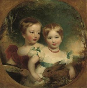 Double Portrait Of The Artist's
Daughters, Half-length, One In A Red Dress Holding A Basket Of Flowers,
The Other In A White Dress With Blue Ribbons And Sash, Holding A Rabbit,
In A Landscape by Martin Archer Shee