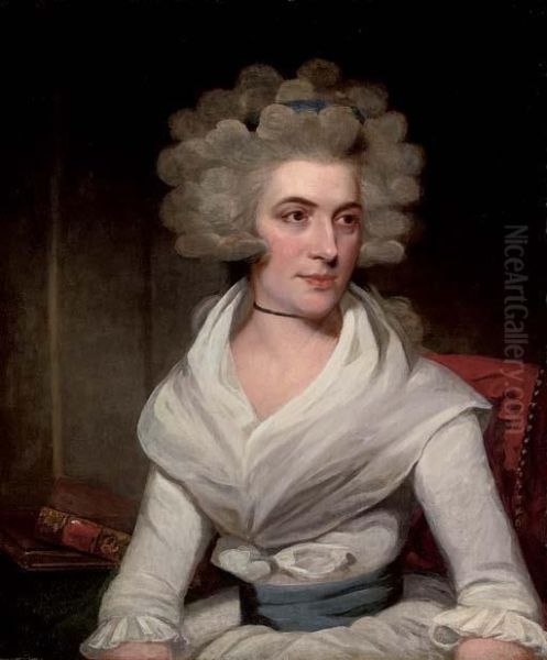 Portrait Of Anna Margaretta
Larpent (1758-1832), Seated, Half-length, In A White Dress With A Blue
Sash, Some Books By Her Side - view 1