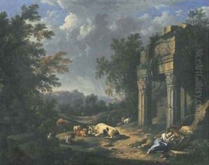 A wooded landscape with travellers resting amongst classical ruins by Johann Franz Ermels