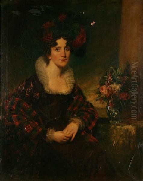 Portrait Of A Lady, Seated, Wearing Tartan Shawl And Feathered Hat - view 1